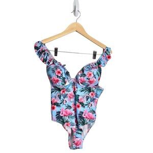 SHEIN Flamingo Swimsuit Size Large Tropical Print Ruffle Blue/Pink Padded